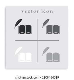 A book and a feather flat black and white vector icon.