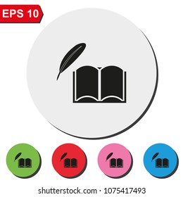 A book and a feather flat round colorful vector icon.