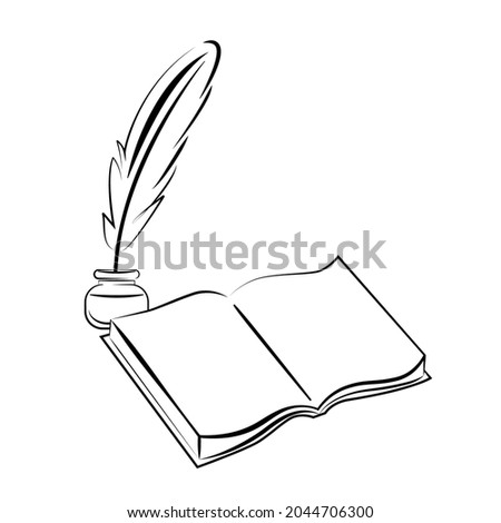 Book, feather pen and bottle of ink - icon. Bird pen for writing, graphic black line on a white background. education, science, learning, business, write a text.