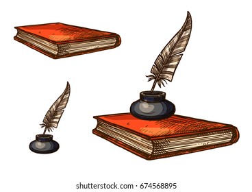Book with feather pen and inkwell isolated sketch. Closed book with orange cover and vintage inkpot with gray quill pen for education and literature, history and poetry concept design