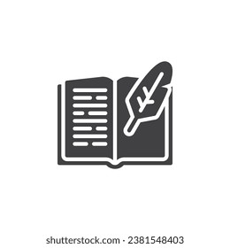 Book and feather pen vector icon. filled flat sign for mobile concept and web design. Book with quill glyph icon. Literature symbol, logo illustration. Vector graphics