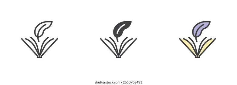 Livro com um conjunto de ícones de pena nas páginas. Inclui contorno, estilos de contorno preenchidos sólidos e coloridos. Símbolo de ícone de livro vetorial de escrita, literatura e educação.