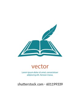 Book with feather, wright book, vector icon