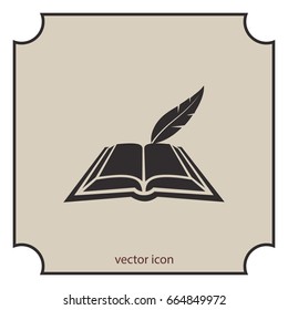 Book with feather, wright book, vector icon