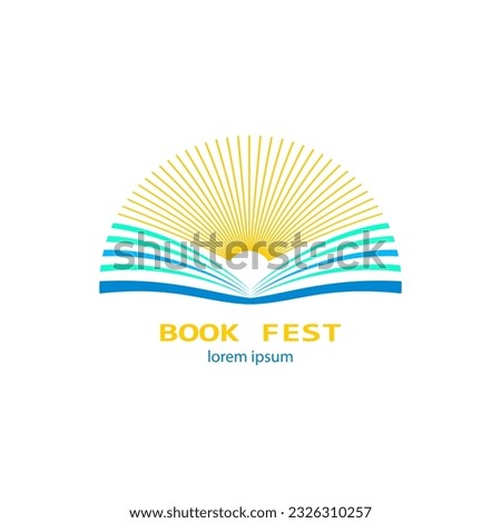 Book fest emblem with open book and sun. Simple vector design for logo or brand.