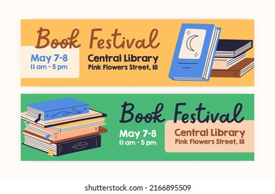 Book festival ad banner designs. Horizontal background with abstract literature for literary fair, reading and education event in library. Advertisement template. Colored flat vector illustrations