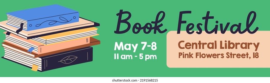 Book festival banner design. Ad background template for literary event, market, fair in library. Abstract literature advertisement, promotion. Reading fest, bookstore promo. Flat vector illustration
