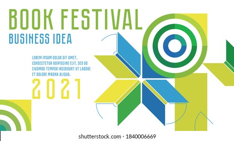 Book festival banner. Open books and target. Concept of the theme of successful business idea. Vector minimalist background. Design template for a library. Striving for success. Green, blue, yellow.
