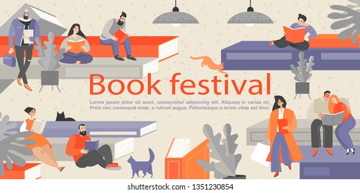 Cartel del festival del libro con gente sentada en enormes libros y leyendo. Afiche conceptual al estilo de las caricaturas.