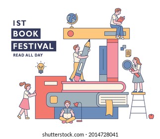 Book festival banner poster. Students are sitting around a pile of huge books and studying. outline simple vector illustration.