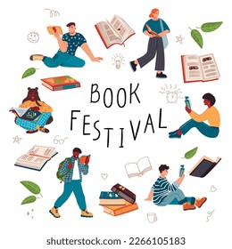 Plantilla de banner del festival de libros con personas que leen.Caracteres de dibujos animados con libros de cuentos, texto escrito a mano y elementos de doodle.Ilustración de estilo plano aislada en fondo blanco.