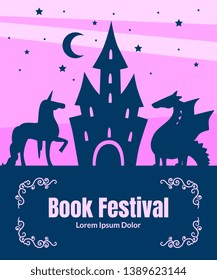Book Festival Banner Template, Silhouette of Fairytale Magic Castle, Dragon and Unicorn on Sunset Background, Can Be Used for Invitation Card, Flyer, Poster, Label, Brochure Vector Illustration