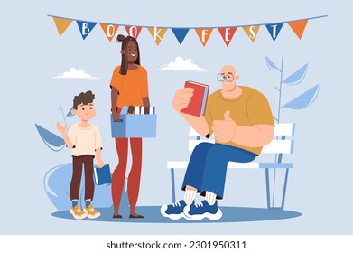 Book festival blue concept with people scene in the flat cartoon style. Mother and son participate in a book festival and show their books to others. Vector illustration.