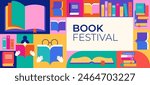 Book festival, books sale, back to school concept design. Colorful geometrical style vector design and illustrations