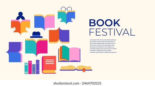 Festival del libro, venta de libros, diseño de concepto de regreso a la escuela. Diseño de Vector de estilo geométrico colorido e ilustraciones