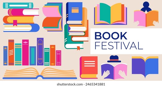 Book festival, books sale, back to school concept design. Colorful geometrical style vector design and illustrations