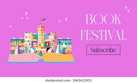 Book Festival Castle Banner. Vector Illustration of the Magical Fantasy Building with Open Book Promotion. Subscribe Button.