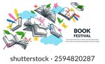 Book festival colorful banner poster design template. Vector hand drawn sketch illustration. Flying books, clouds, leaves learning and education creative concept. Library or bookstore design elements