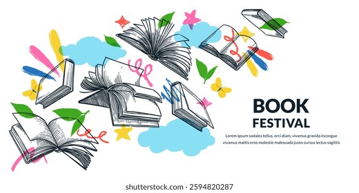 Book festival colorful banner poster design template. Vector hand drawn sketch illustration. Flying books, clouds, leaves learning and education creative concept. Library or bookstore design elements