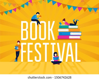 Book festival colorful poster with festive garland vector illustration. Small cartoon people reading textbooks flat style concept. Flyer or invitation template for event advertisement, promo