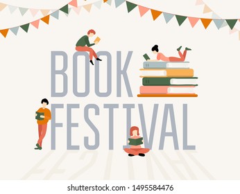 Book festival colorful poster with stacks of books and people characters vector illustration. Literature event, bookstore advertising template flat style concept