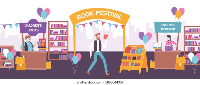 Book festival composition with cityscape silhouette background and bookfair booth stalls bookcases and doodle human characters vector illustration