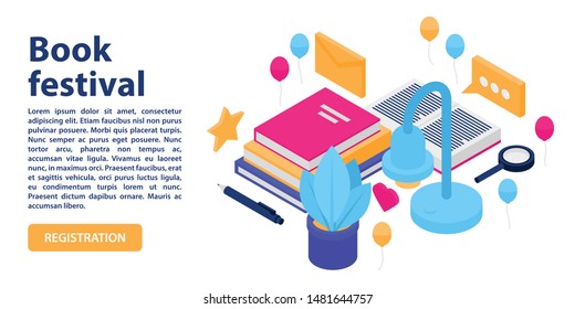 Book festival concept banner. Isometric illustration of book festival vector concept banner for web design