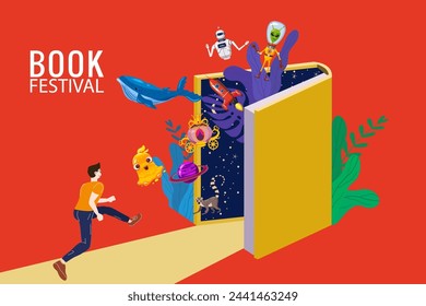 Concepto de Festival del Libro, el niño corre en el libro abierto enorme