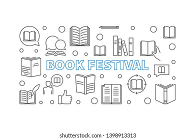 Book Festival concept horizontal banner made with outline books icons. Vector illustration