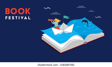 Book festival concept of a little girl sailing the boat and reading an open huge book. Fantasy and Imagination concept design. Vector illustration, poster and banner 