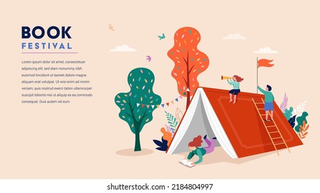 Book festival concept. Little girl reading in the open huge book, opened as a home. Fantasy, adventures and Imagination concept design. Vector illustration, poster and banner  - Shutterstock ID 2184804997