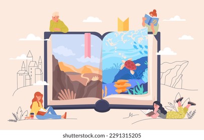 Concepto del festival del libro. Hombre y mujer leen ficción. Amor a la lectura y aficiones útiles. Descanso y ocio, estudiantes divirtiéndose. Fantasía e imaginación. Dibujo vectorial plano de dibujos animados