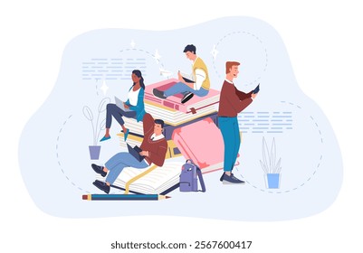 Book festival concept. Men and women near huge stack of books. Love of reading and literature. Education, learning and training. Textbooks or fiction. Linear vector illustration