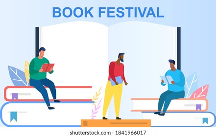 Book festival concept. Multiracial tiny men group reading books. Concept of studying and education. Way to knowledge. Flat cartoon vector illustration with fictional characters.
