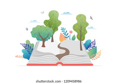 Book festival concept of open book with trees. Back to school vector illustration, poster and banner