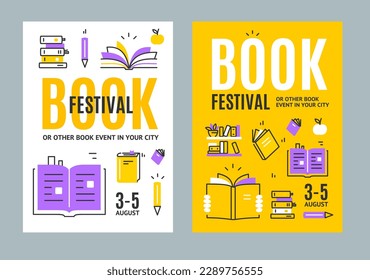 Book Festival Concept Placard Poster Card Invitation Set with Thin Line Icons for Library or Bookstore. Vector illustration