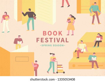 Book Festival Concept Poster. People who read books in the library. flat design style minimal vector illustration