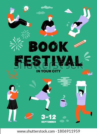 Book festival concept poster. Young men and women reading a books. Literary or writers festival advertisement, event promotion. World Book Day. Cute people. Colorful vector illustration flat design.