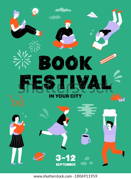 Book festival concept poster. Young men and women\
reading a books. Literary or writers festival advertisement, event\
promotion. World Book Day. Cute people. Colorful vector\
illustration flat design.
