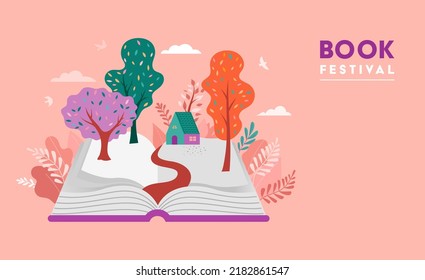 Book Festival Concept Of A Small House In The Middle Of Forest, Placed On The Open Huge Book. Back To School, Library Concept Design. Vector Illustration, Poster And Banner