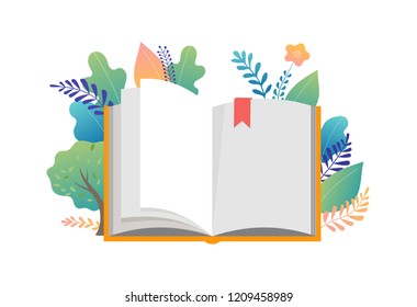 Book festival concept of a small people reading a open huge book. Vector illustration, poster and banner