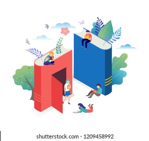 Book festival concept of a small people reading a open huge book. Back to school vector illustration, poster and banner