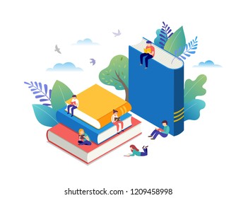 Book festival concept of a small people reading, sitting on huge books. Back to school vector illustration, poster and banner