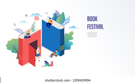 Book festival concept of a small people reading a open huge book. Vector illustration, poster and banner