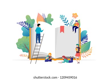 Book festival concept of a small people reading a open huge book. Vector illustration, poster and banner