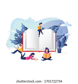 Book festival concept of a small people reading a open huge book. Vector illustration, poster and banner, flat style cartoon design isolated on white background