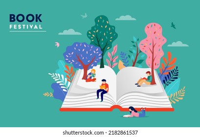 Book Festival Concept Of A Small People, Kids Reading An Open Huge Book. Back To School, Library Concept Design. Vector Illustration, Poster And Banner