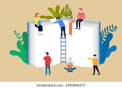 Book Festival concept, small people reading open huge book