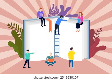 Book Festival concept, small people reading open huge book