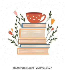 Book festival concept. Stack of books with flowers and plants as symbol of education. Reading books concept for card, stickers, poster and banner.